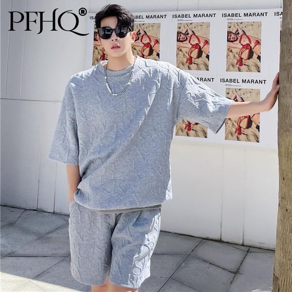 

men's tracksuits pfhq 2021 korean rib hem casual t-shirt summer short sleeve baggy capris shorts suit two piece sport daily set 21d8679, Gray