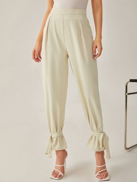 

high waist knot hem plicated detail pants p8ip#, Black;white