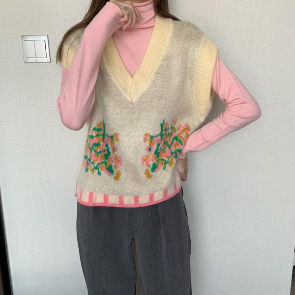 Maglioni da donna Kawaii Vintage Gilet da donna 2021 Scollo a V in stile giapponese Hit Color Flowers Maglione senza maniche Donna All Match Oversize Wais