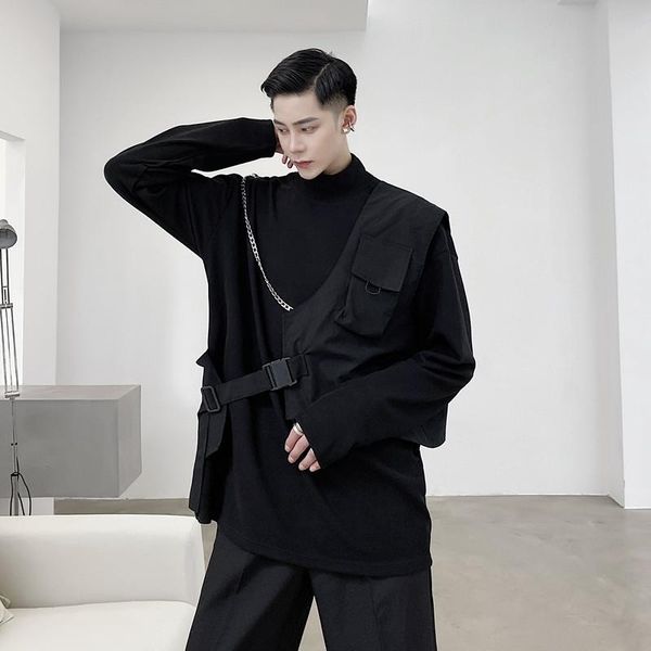 

men's dress shirts fall/winter solid color small high neck long-sleeved t-shirt male korean gothic hip-hop loose casual metal chain bot, White;black