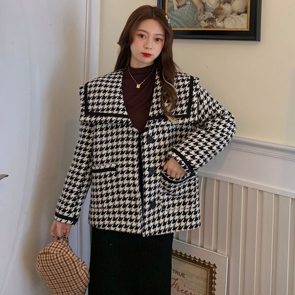 

plus size 2021 winter wool houndstooth for casual woman chess outdoor coats long sleeves elegant warm jackets mas3, Black