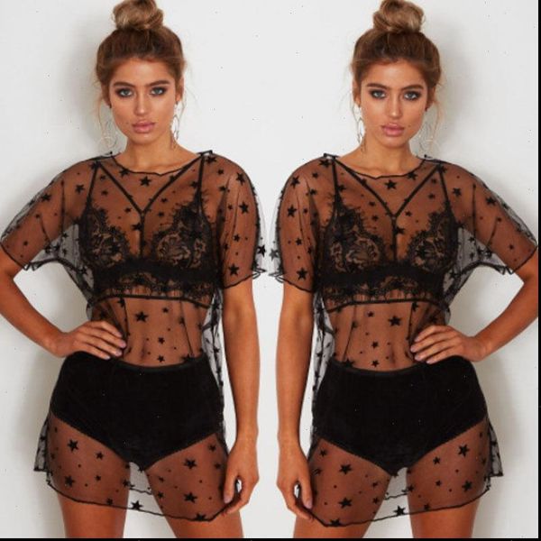 

women star printed dresses short sleeve casual mesh transparent new black summer mini dress women, Black;gray