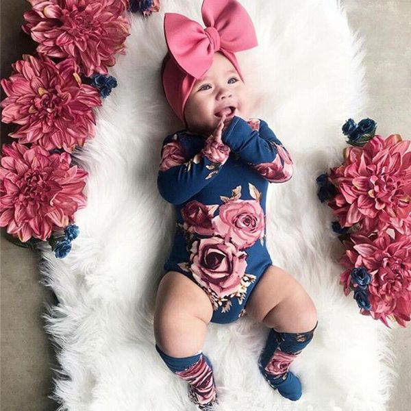 

newborn baby long sleeve romper large floral jumpsuit girl warm leg socks outfit 0-24m, Blue