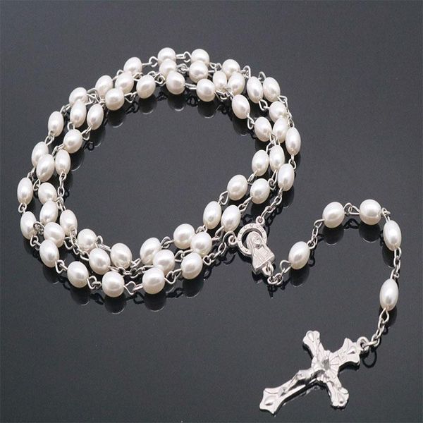 

pendant necklaces catholic crystal white pearl long chain rosary necklace ladies jesus jewelry gift, Silver