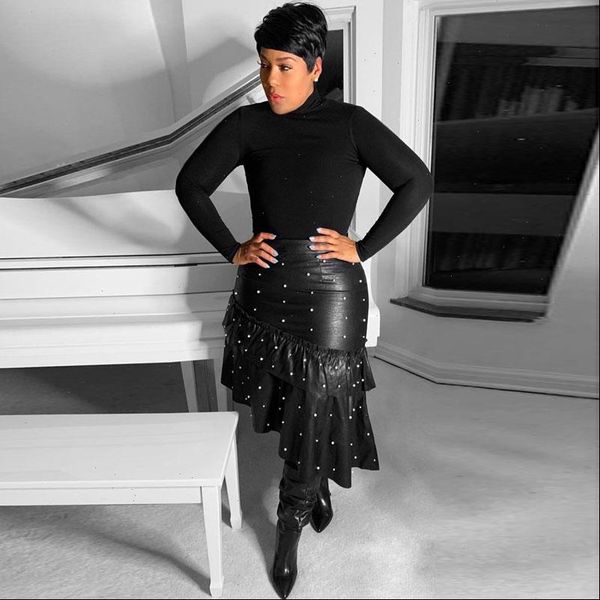 

autumn winter casual pu leather skirt women elegant ruffle hem skirt lady skinny hig high waist female skirts black