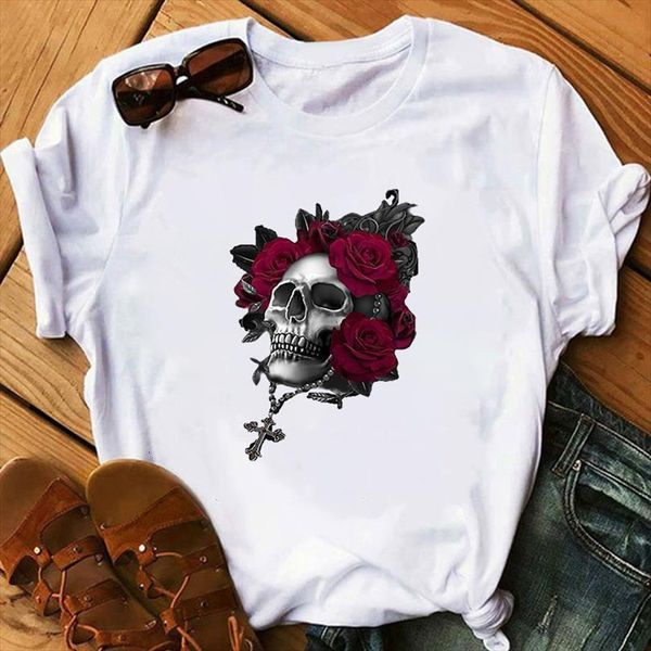 

funny punk men harajuku skull mens t shirt fresh flowers female fashion graphic casual mujer verano, White;black