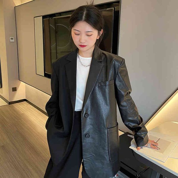 

women's suits & blazers [eam] women black zipper pu leather big size blazer lapel long sleeve loose fit jacket fashion spring autumn 20, White;black