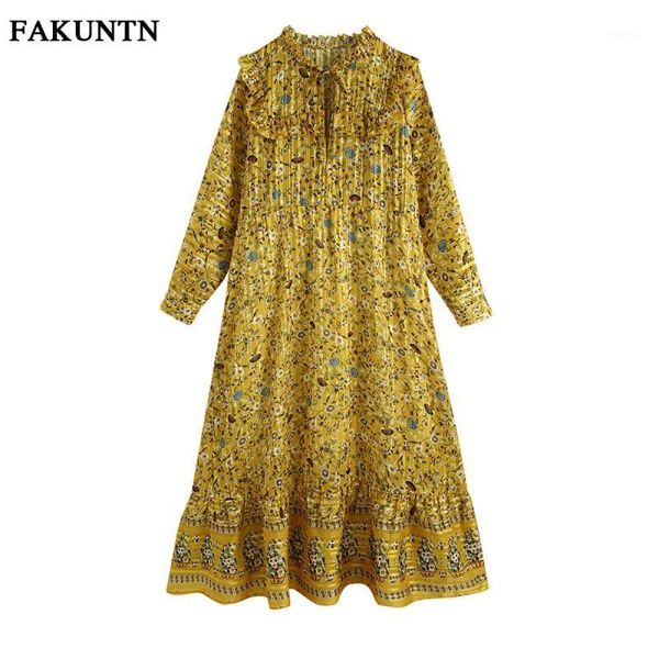 

women's long-sleeve printed dress loose casual 2021 autumn ruffles elegant vintage long chiffon dresses for women, Black;gray