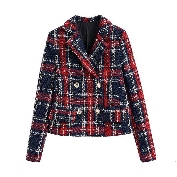 

women's trench coats elegant lady double breasted pockets of red wool short women's jackets autumn plaid long sleeve impression ou, Tan;black