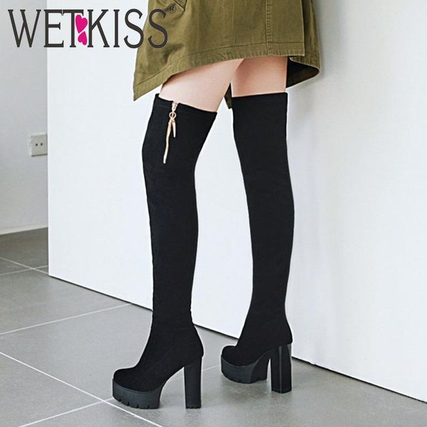 

boots wetkiss platform women over the knee boot female high heels shoes ladies zip round toe flock winter plus size 33-48, Black