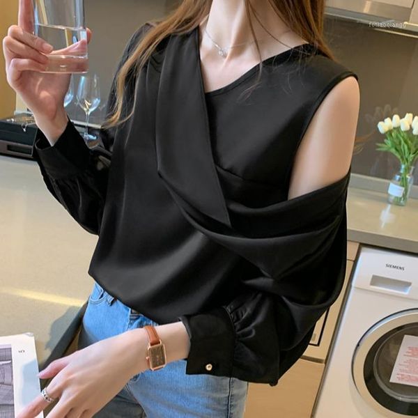 

women's jackets chiffon shirt long sleeve spring and autumn design sense minority off shoulder style loose versatile satin, Black;brown