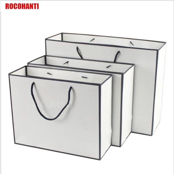 

50x customized logo printing white black outline paper shopping gift bags with string handle for clothing