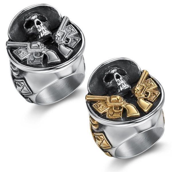 

cluster rings retro skull double gun ring for men fashion party jewelry gothic style male hand accessories size 7-14, Golden;silver