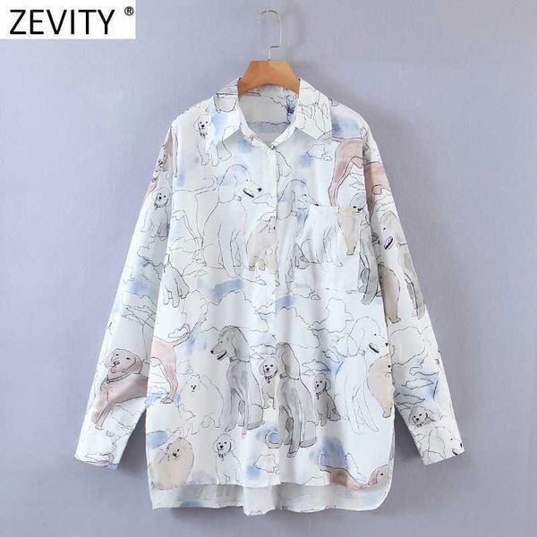 Zevity Donna Sweet Cartoon Dogs Stampa Casual Camicie larghe Office Lady Manica lunga Business Camicetta Chic Pocket Blusas Top LS9166 210603