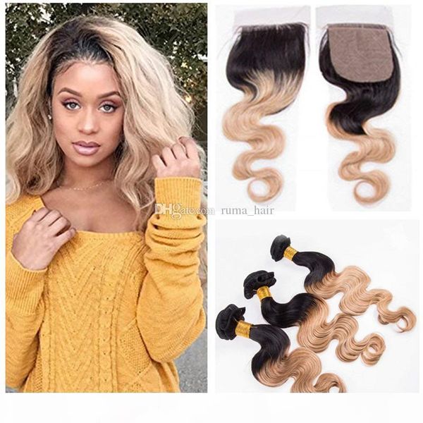 

silk base honey blonde human hair weaves with lace closure virgin brazilian hair 3 bundles two tone hair weaves with silk base closure, Black;brown