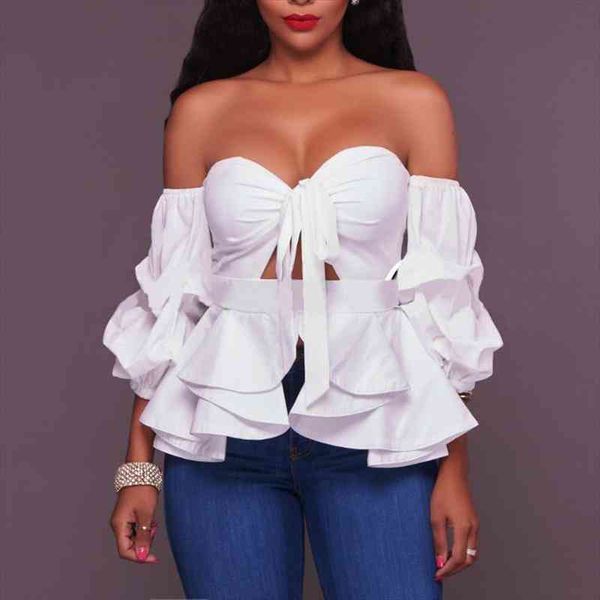 

slash neck sweetheart women shirt off shoulder lantern sleeve hollow out bow tied peplum blouse ruffles summer top, White