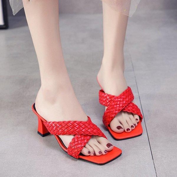 

slippers women summer slides square toe high-heeled shoes lady pantofle 2021 rubber basic pu fabric fretwork hoof slippers women, Black