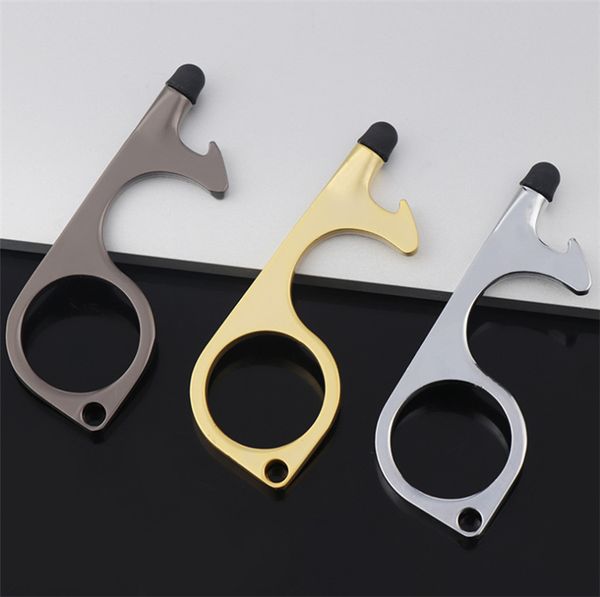

3 color metal safety touchless door opener stylus key hook metal hands door handle opener tool keychain with silicone head t10i0029