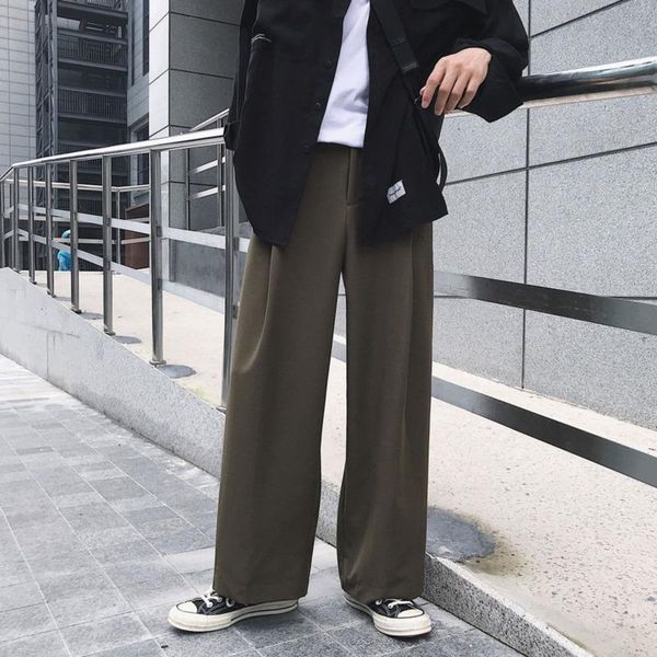 

men's pants korean cotton wide-leg fashion solid color casual men trousers loose straight dress mens suit, Black