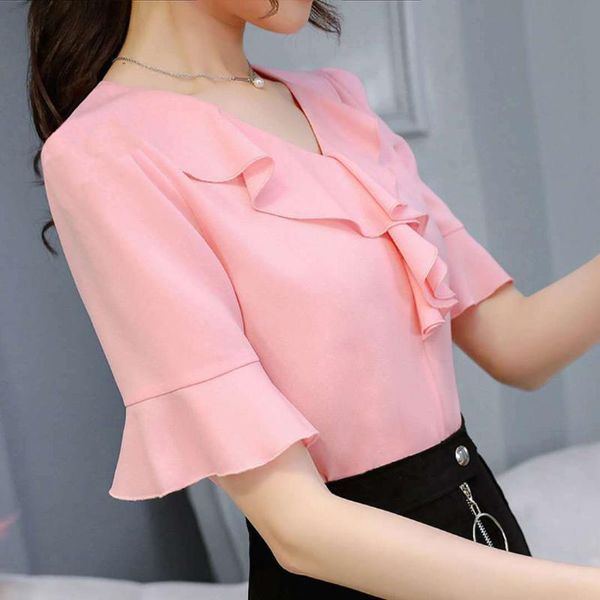 

women's blouses & shirts ruffle ladies shirt white black elegant office blouse short sleeve plus size 3xl womens feminine ropa mujer f