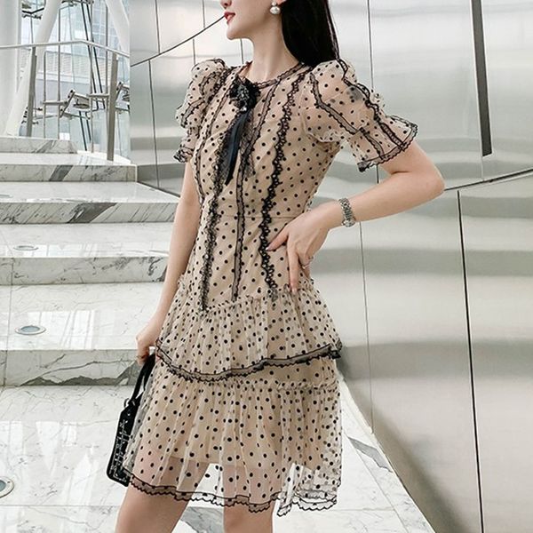 

2021 new fashion wave point mesh o neck women summer runway designer elegant ruffles tulle patchwork lace bow cake dress yxtl, Black;gray
