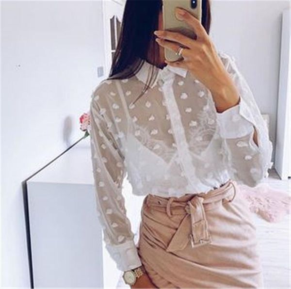 

summer women fashion long sleeve button shirt long sleeve see-through blouse, White