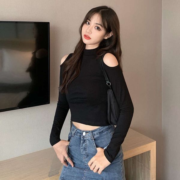 

black half collar base coat with long sleeve t-shirt short high waist open navel for women in autumn and winter, White