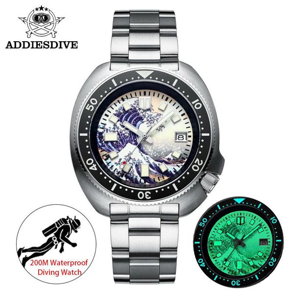 

wristwatches addies men automatic mechanical watches full luminous kanagawa ocean wave dial 200m diver watch stainless diving, Slivery;brown