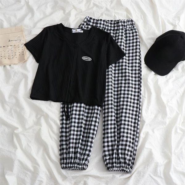 

sets o neck solid womens pants crop short sleeve t shirts elastic waist black lattice set leisure summer style, White