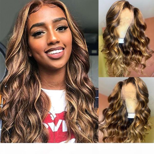 

highlight ombre hair wig body wave #4 27 lace front human hair wigs for black women remy blonde human hair wigs 180%, Black;brown