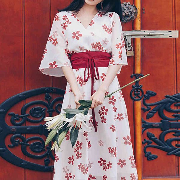 

casual dresses dresses retro chiffon summer women high waist chinese style bow half sleeve mid-calf dress floral print fashion clo g1ar, Black;gray