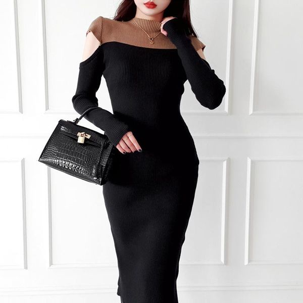 

casual dresses spring fall women knitted dress evenign party longuette stand collar vestidos off shoulder slender bodycon sweater, Black;gray