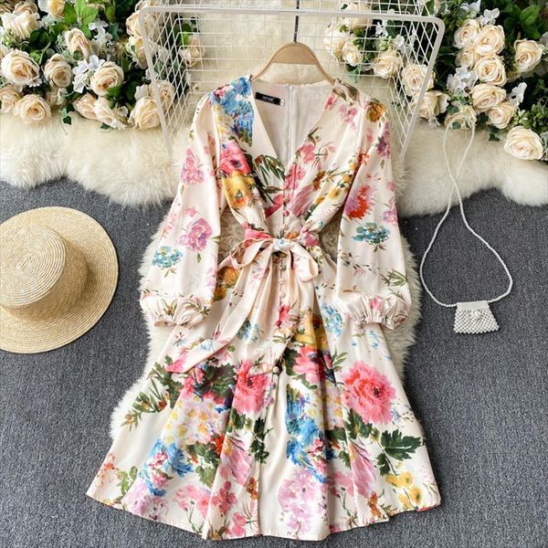 

spring fashion french retro women dress v neck puff sleeve lace up holiday shoot sens knee length d099, Black;gray