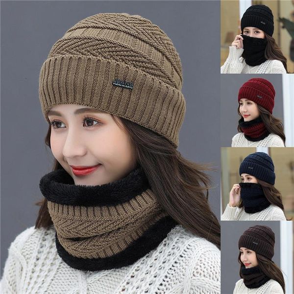 

women's winter hat pompom wool beanies knitted hat bib siamese knit ladies velvet thick warm mother riding ski cap 5 colors, Blue;gray