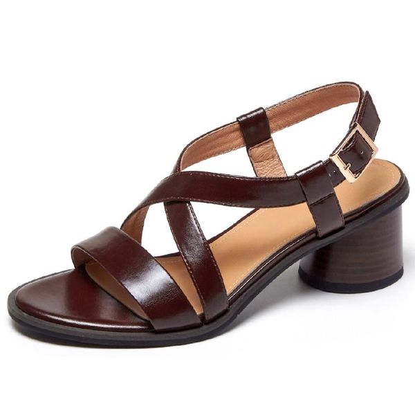 

sandals womens genuine leather thick high heel open toe summer cross strap narrow band retro pumps plus size daily shoes women, Black