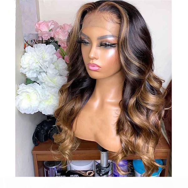 

brazilian virgin human hair lace front human hair wigs pre plucked with baby hair loose wave highlights wig ombre honey blonde color, Black;brown