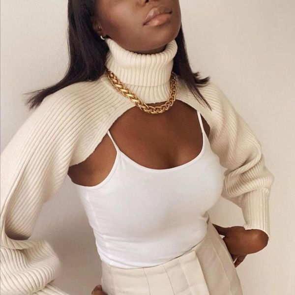 

women 2021 fashion arm warmers cropped knitted sweater vintage stand collar long sleeve female pullover chic, White;black