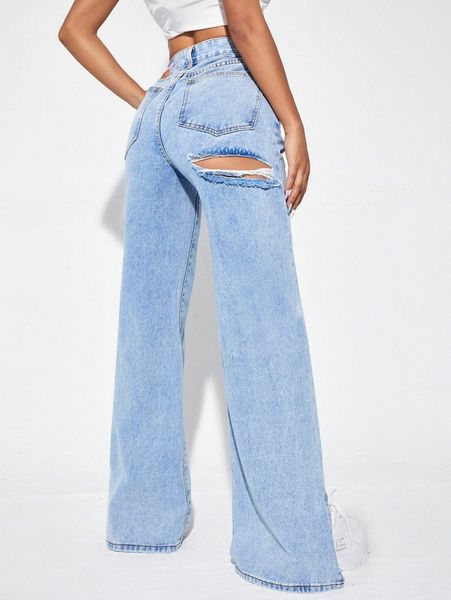 

zipper fly ripped detail split hem wide leg jeans e5s5#, Blue