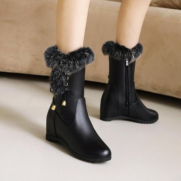 

boots fashion ladies waterproof winter thick plush keep warm wedge women autumn snow pu soft leather motorcycle shoe, Black