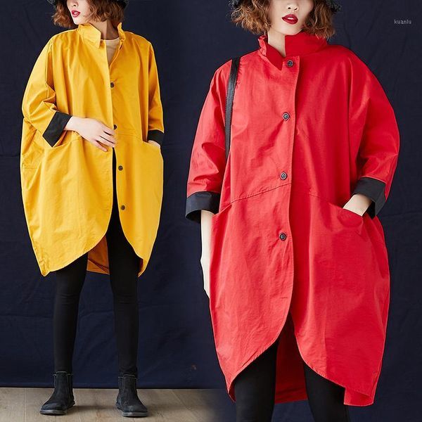 

women's trench coats plus size coat women 2021 spring autumn loose bat sleeve irregular fashion color matching windbreaker female cardi, Tan;black