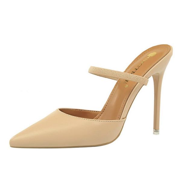 

slippers 86-10 retro simple baotou stiletto high-heeled shallow mouth pointed toe hollow word with female, Black