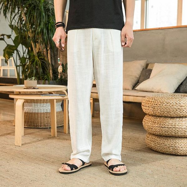 

men's pants linen cotton straight men vinatge loose solid color full length thin sport trousers male summer, Black