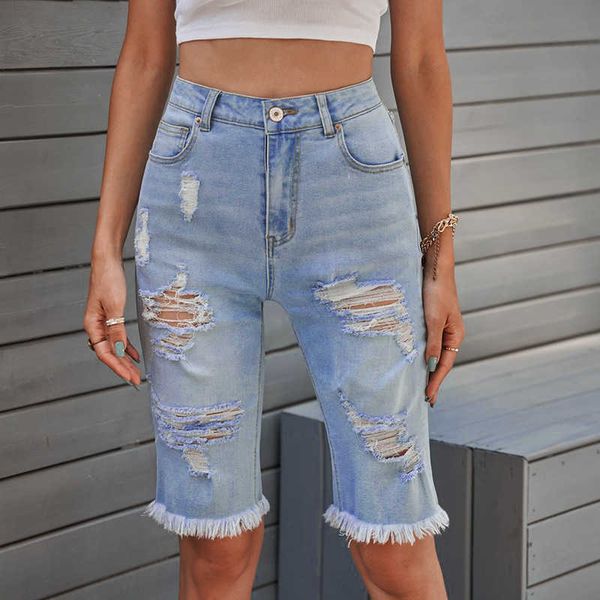

fashion jeans summer slim women's 2021 high waist worn out shorts 781025, Blue