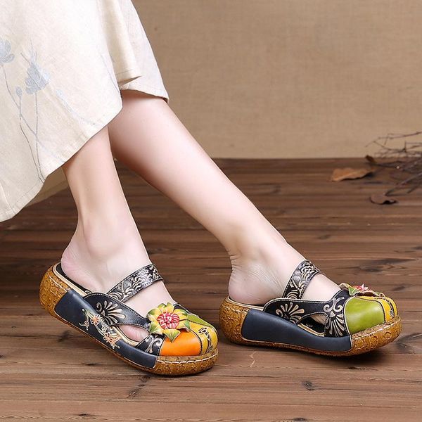 

sandals breathable and comfortable national style high 2021 flower shoes quality leather women's, Black
