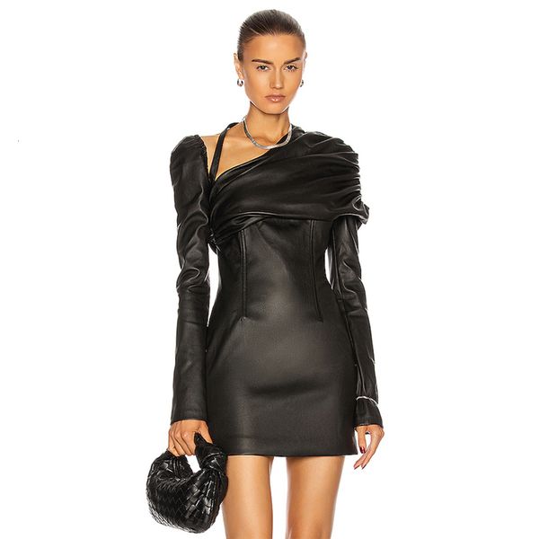 

new mini black 2021 summer for women long sleeve draped pu celebrity evening runway club party outfit lady es 9ykg, Black;gray