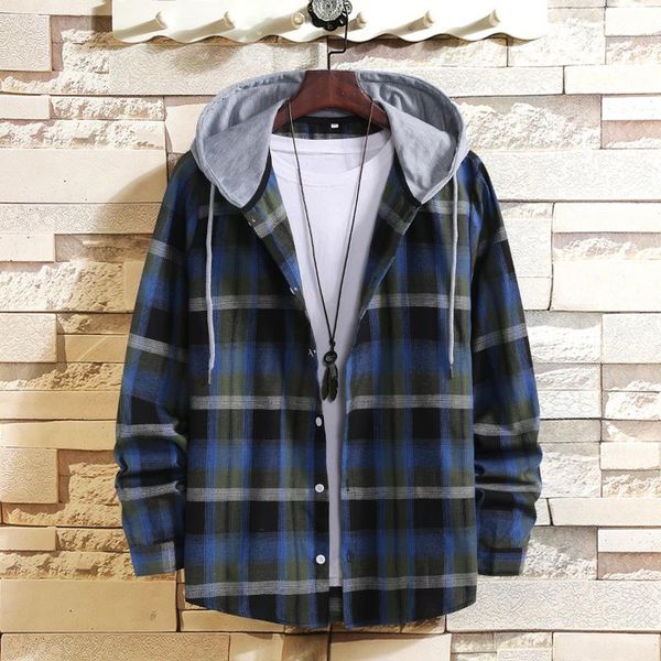 

men's casual shirts 2021 foreign trade autumn old style hooded plaid shirt port loose long-sleeve, White;black