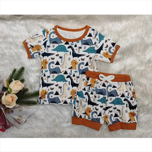

1 5y toddler kids boy clothes sets cartoon dinosaur print short sleeve t shirt shorts pant 2pcs, White