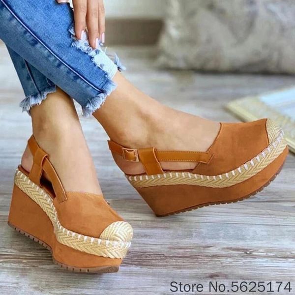 

sandals women's wedge heel straw middle baotou buckle summer ladies beach plus size high female shoes, Black