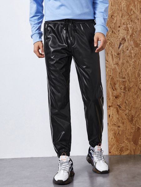 

men drawstring waist contrast piping pu leather pants w2b9#, Black