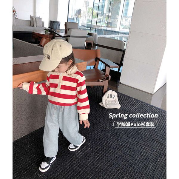 

piece children's two t-shirt pants 2021 spring baby loose casual sweater girls' striped polo shirt set, White